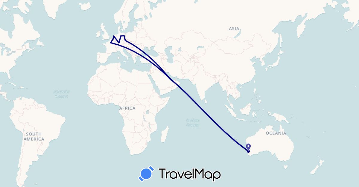 TravelMap itinerary: driving in Australia, Belgium, Czech Republic, Germany, France, Netherlands, Qatar (Asia, Europe, Oceania)